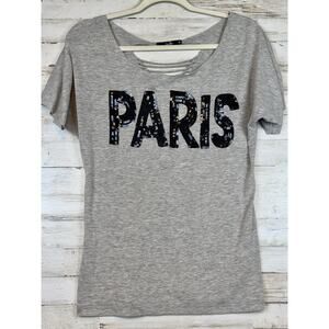 Papaya Paris Sequin Shirt Women Small Gray Back Lace Detail Sexy Made in USA Tee